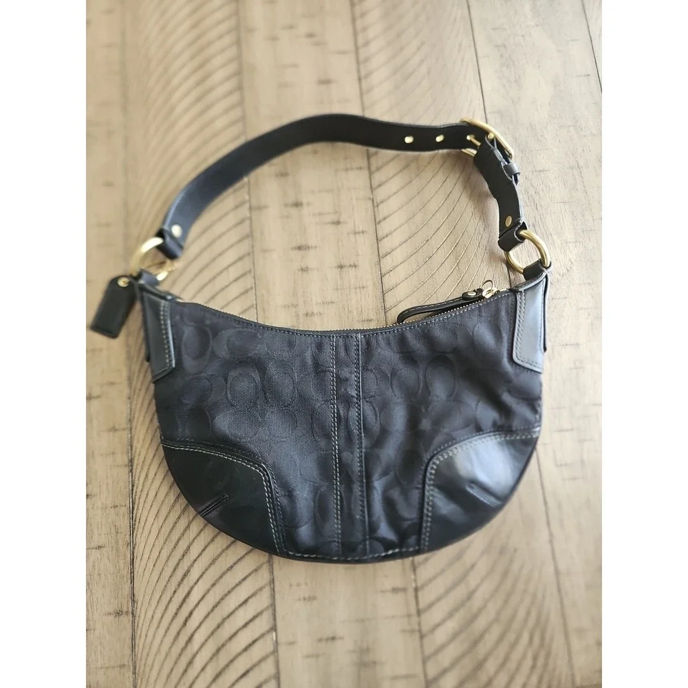 Coach Hobo Bag 11371 Black On Black Jaquard Leather Y2K Crescent C Logo Brass - Picture 5 of 16